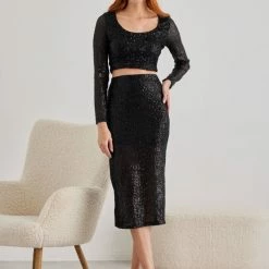 Best Pirce ⭐ The Fashion Project Σετ τοπ και φούστα με παγιέτες - Μαύρο 🥰
