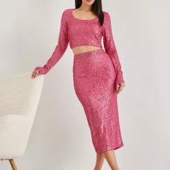 Καλύτερη πώληση 🤩 The Fashion Project Σετ τοπ και φούστα με παγιέτες - Φούξια ✨