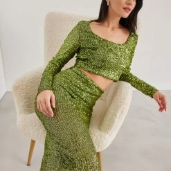 Κουπόνι 🛒 The Fashion Project Σετ τοπ και φούστα με παγιέτες - Lime 🤩