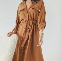 Τοπ 10 🤩 The Fashion Project 👕 Shirt 👗 Dress με χρυσά κουμπιά - Caramel 🤩 -Φορέματα Εκπτώσεις shirt dress me xrusa koumpia 106974 4twr