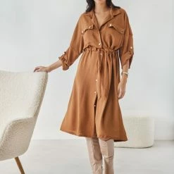 Τοπ 10 🤩 The Fashion Project 👕 Shirt 👗 Dress με χρυσά κουμπιά - Caramel 🤩